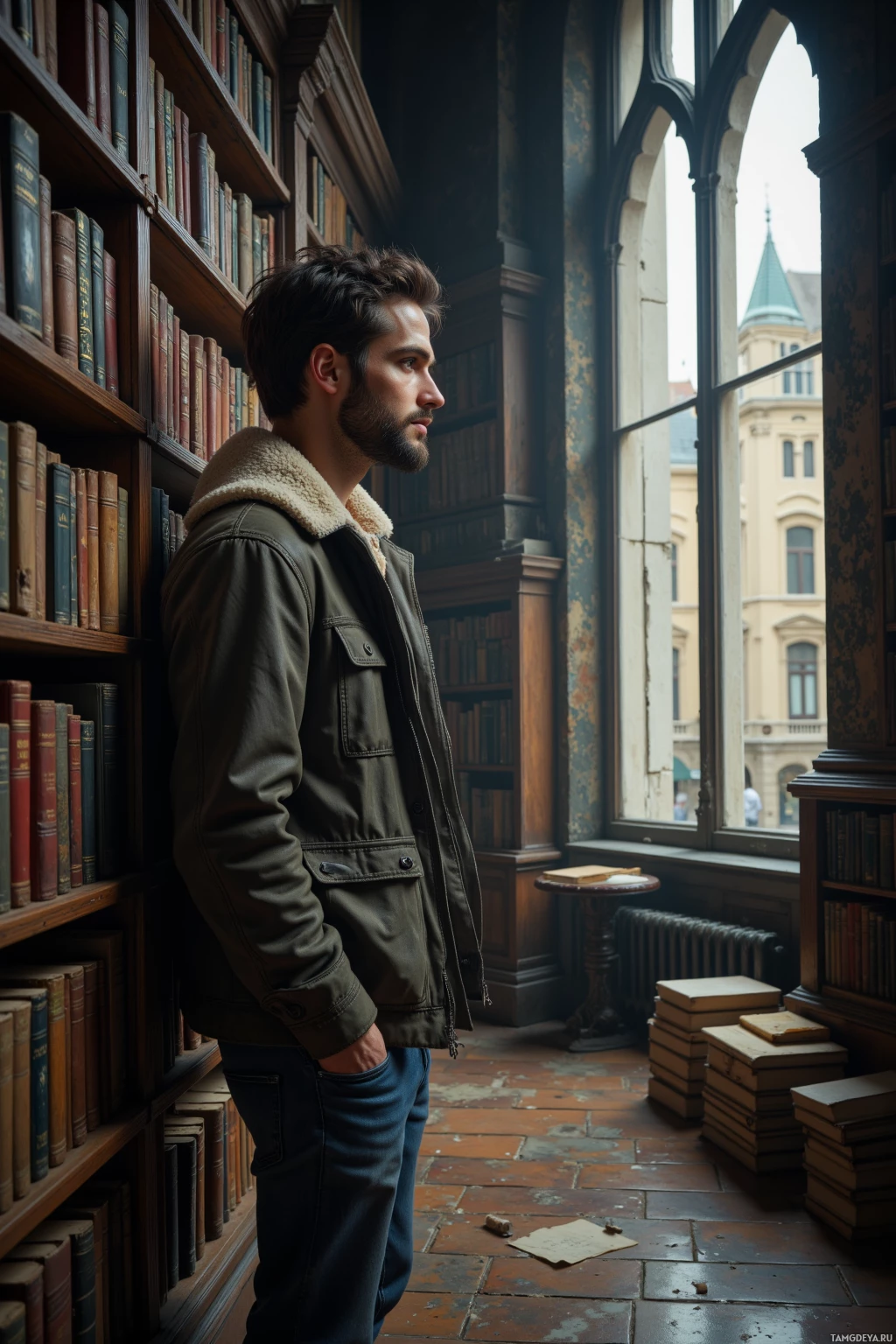 Realistic high quality photo. A 31‑year‑old man with dark hair and beard, wearing a rugged jacket and jeans, standing in a quiet city library aisle with dust on the bookshelves, gazing into the reflective surface of a large window, afternoon light filtering through, surrounded by old manuscripts and stacks of books.