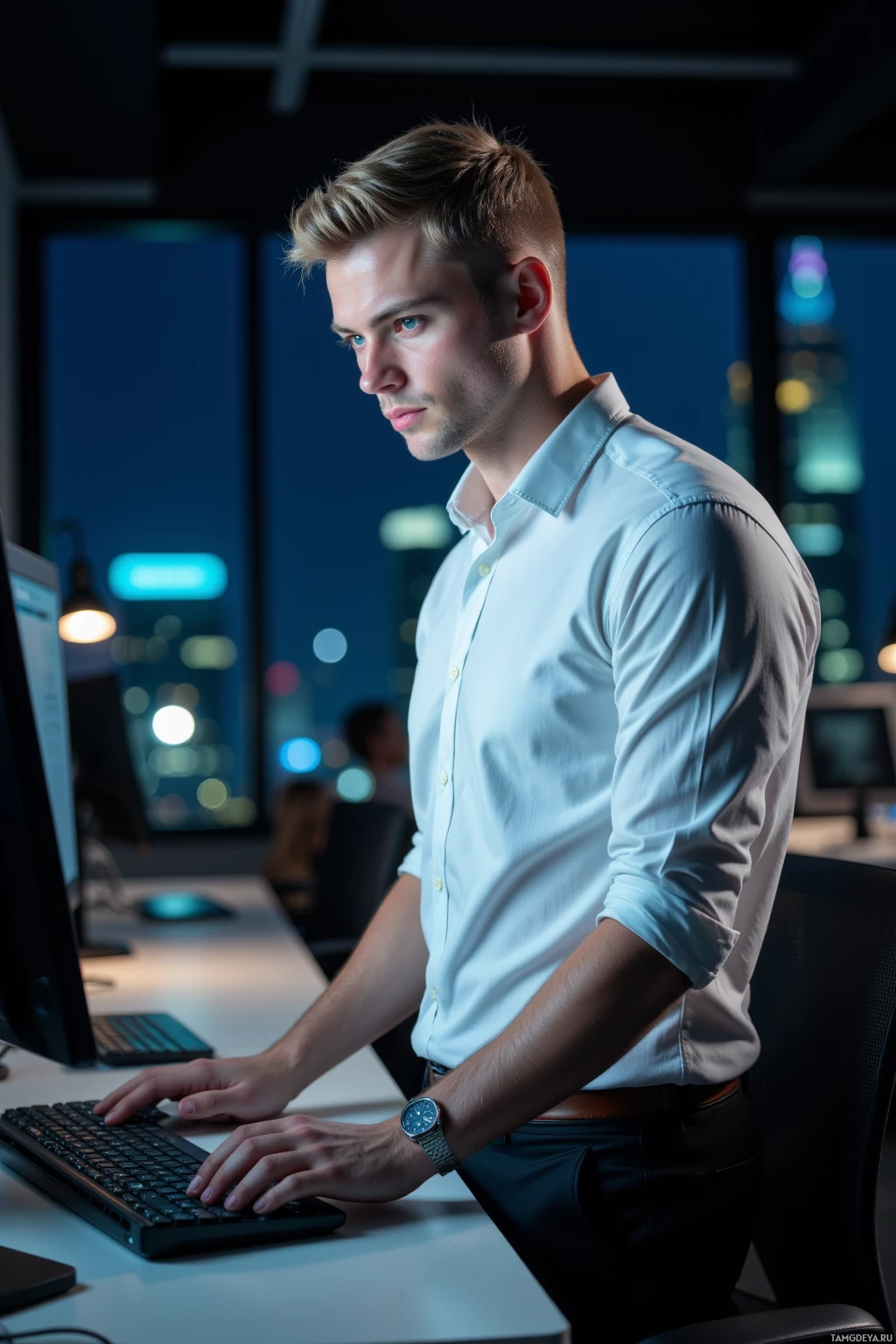 Realistic high quality photo. A sharp, 29‑year‑old male with short blonde hair, blue eyes, pale complexion, clean‑shaven face, wearing a crisp white shirt, black trousers, and a slim silver watch, stands in a modern office at night, his hands hovering over a keyboard, focused expression illuminated by the soft glow of a computer monitor after fixing a rogue semicolon bug.
