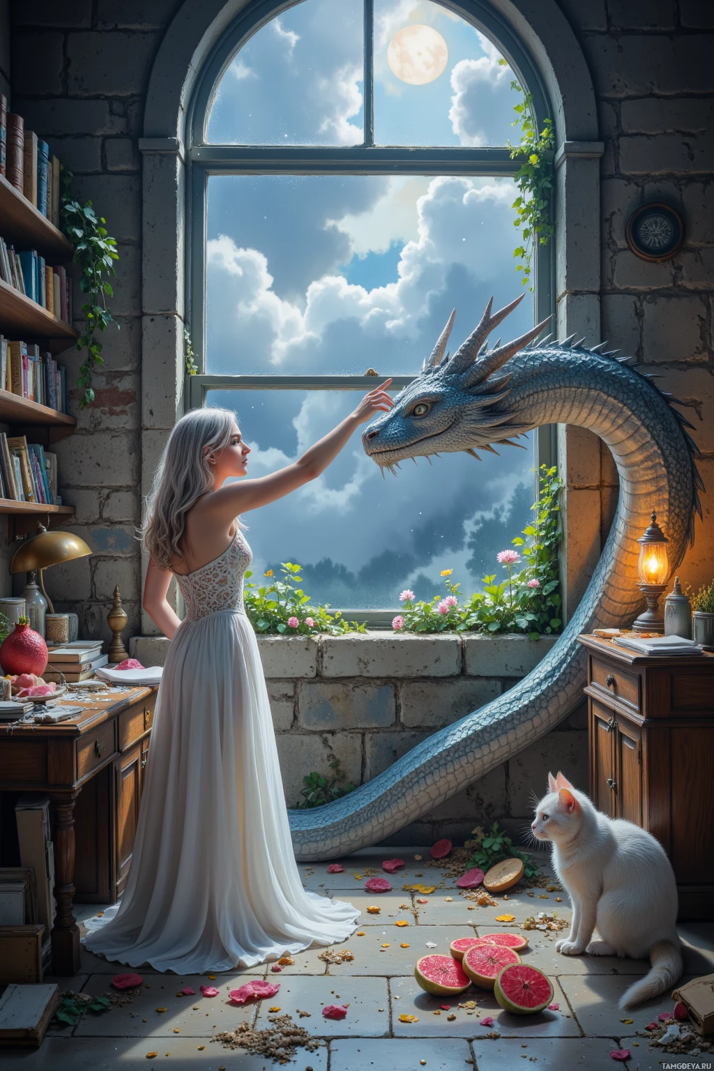 Realistic high quality photo. A woman with silver loose waves, blue eyes, pale skin, wearing a flowing white dress, coaxing a silver dragon out of a dusty attic while a housecat takes selfies, surrounded by moonflowers, a slice of dragonfruit, glittering footprints, moonlit glow, wind singing through a window, thunderclouds outside.