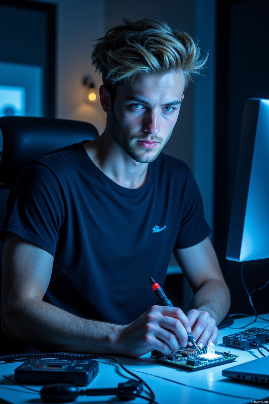 Realistic high quality photo. Male, 26, tousled blonde hair, sharp blue eyes, fair complexion, wearing a tech‑design t‑shirt, seated alone at a dimly lit home office desk with a microcontroller board, soldering iron, blinking LED, cables, glowing screen, focused expression, late night, ambient cool blue glow.