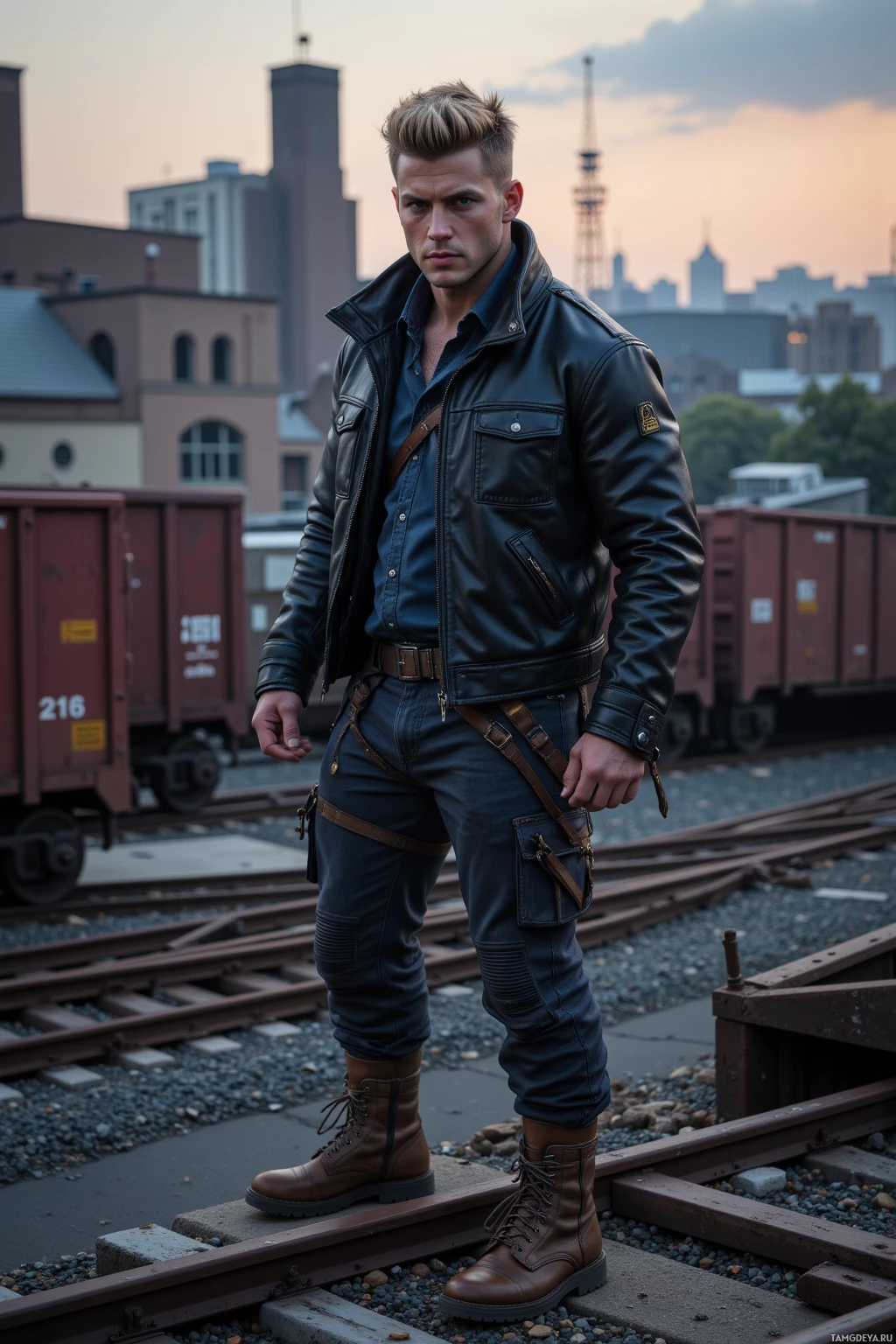 Realistic high quality photo. 30‑year‑old lean, athletic man with short blonde hair and striking blue eyes, wearing a rugged leather jacket and sturdy boots, stands on a rooftop garden hidden behind a derelict warehouse, overlooking an urban horizon at twilight, surrounded by abandoned rail tracks and rusted freight cars, clutching a climbing rope, exuding bold adventurous vibe.
