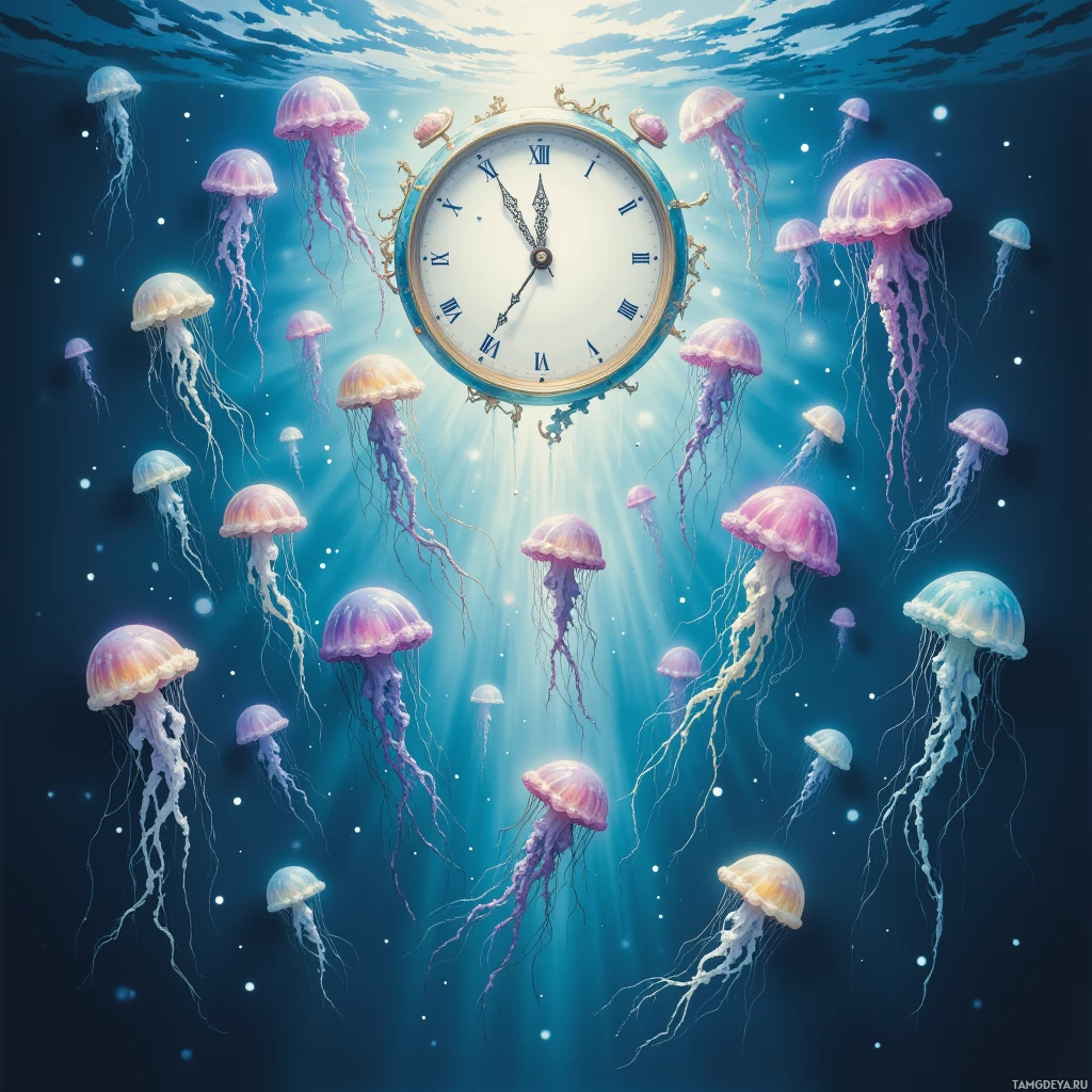 Semi-abstract image with many empty light space at center of beautiful background, that is suitable for the post:  The kitchen clock's hands are jellyfish, drifting through my mind's tide.