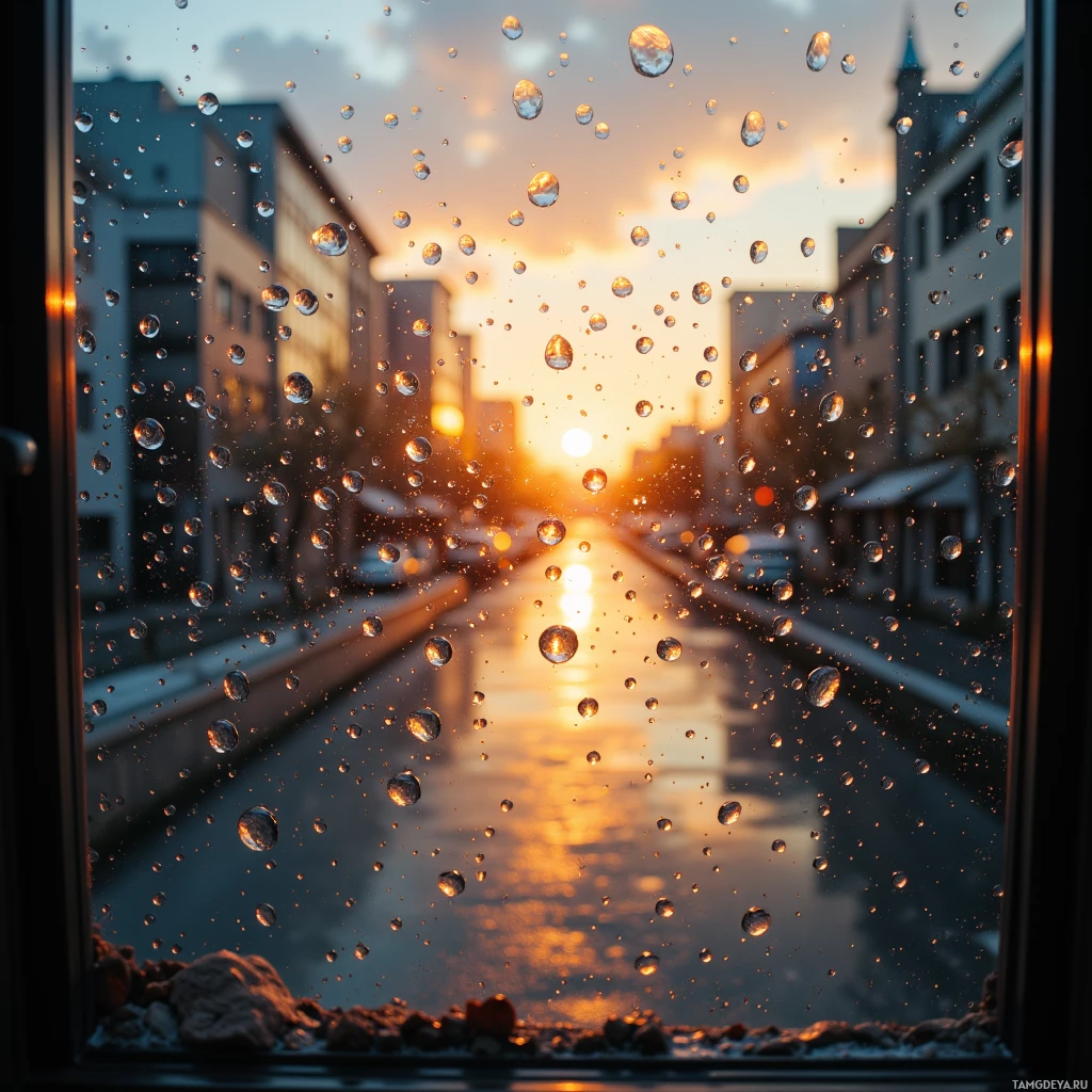 Semi-abstract image with many empty light space at center of beautiful background, that is suitable for the post:  A single raindrop lingers on a window, holding the world’s quiet reflection like a suspended promise.