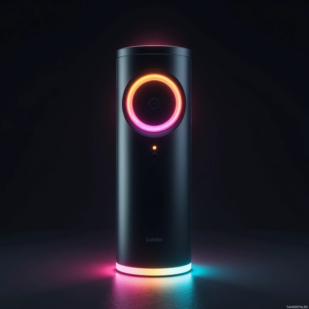 Semi-abstract image with many light, that is suitable for the post:  Matte black glass cylinder with a glowing neon ring encircling its midsection and a recessed button on the top that emits a pulsing light effect.