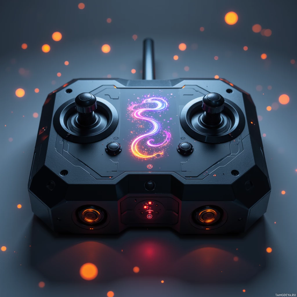 Semi-abstract image with many light, that is suitable for the post:  Ultra-compact drone swarm controller with a sleek black titanium chassis, a translucent OLED display projecting live heat maps, modular connector ports, and a glowing AI interface panel.