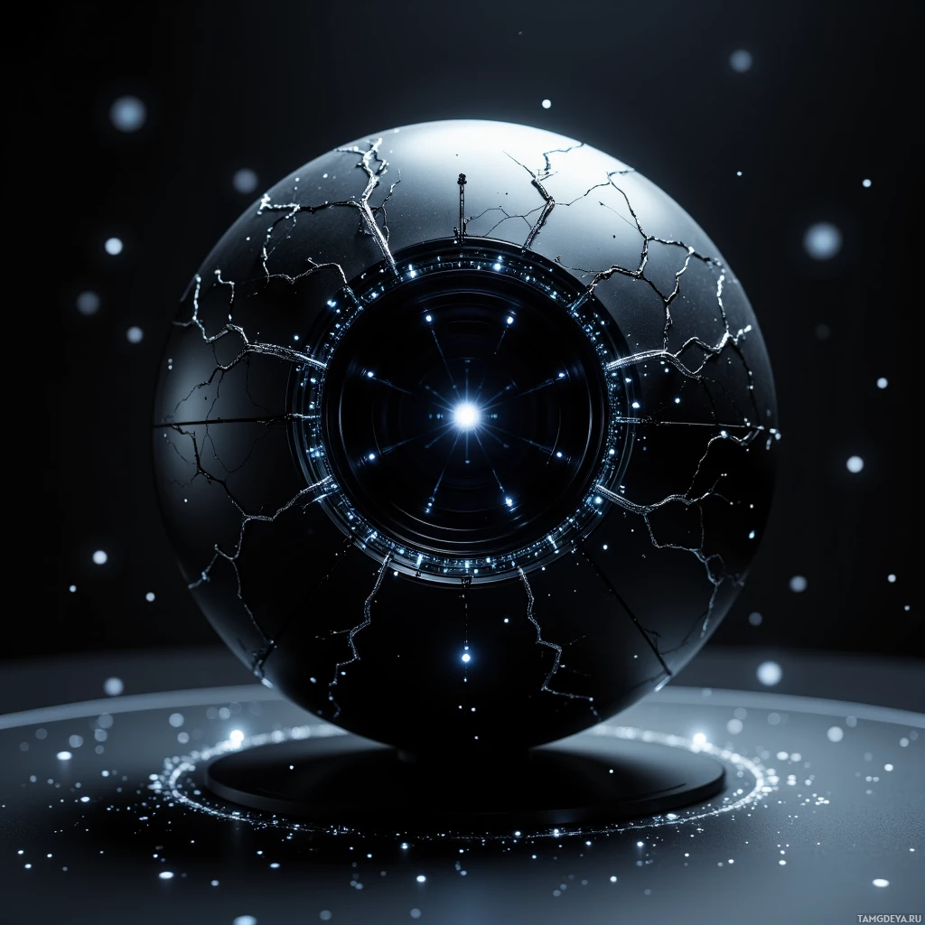 Semi-abstract image with many light, that is suitable for the post:  Matte black sphere with pulsing silver vein patterns and embedded sensor array, sleek low‑power design and subtle internal glow.