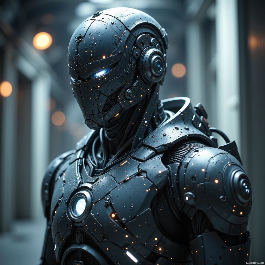 Semi-abstract image with many light, that is suitable for the post:  A sleek carbon‑fiber exosuit with woven micro‑conductive fibers, translucent nano‑lanes glowing faintly, adaptive resistance panels shifting in real time, and subtle micro‑injector ports, all in matte dark gray with silver accents.