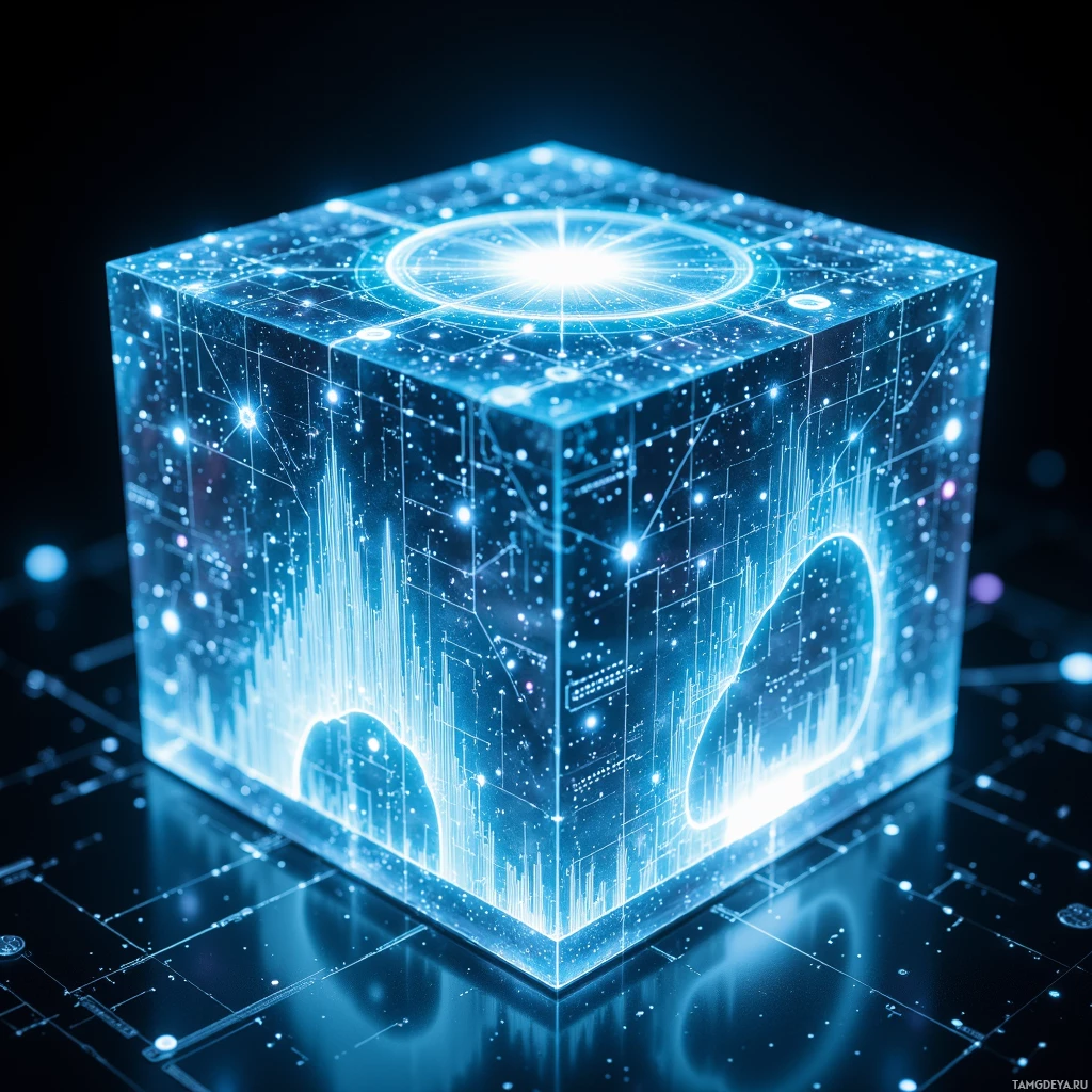 Semi-abstract image with many light, that is suitable for the post:  A sleek translucent data cube with touch‑sensitive holographic panels, faint glowing layers of 3D graphs pulsing across its surface, sharp edges, iridescent glow, and intricate circuit‑like patterns etched into the glass.