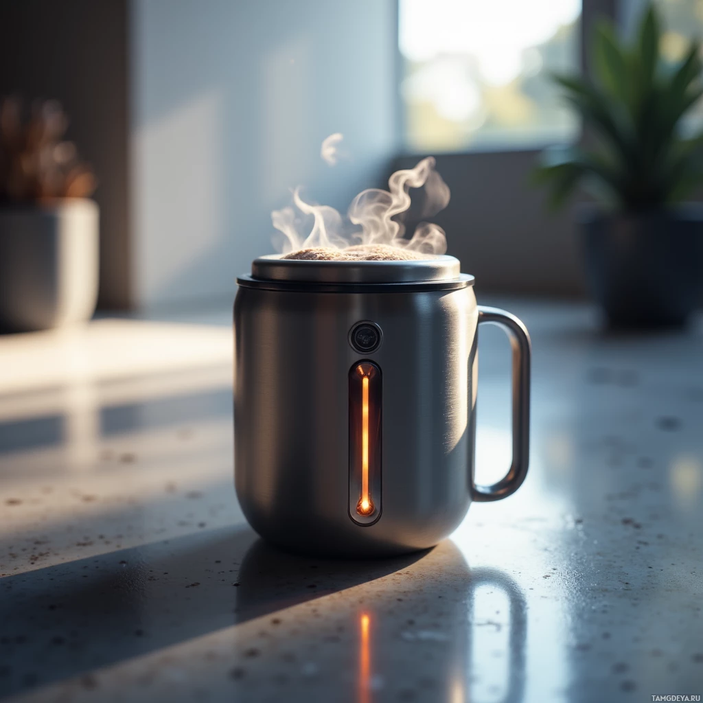 Semi-abstract image with many light, that is suitable for the post:  A sleek self-stirring mug made of brushed steel with a built-in sensor and a glowing LED ring that pulses, featuring a smooth matte finish, subtle chrome accents, and a compact, minimalist shape.