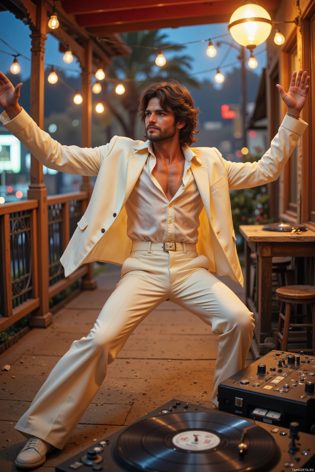 Realistic high quality photo. A 44-year-old man with dark hair in a classic 1970s cut, blue eyes, charismatic smile, wearing a flashy white suit with flared pants and a ruffled shirt, dancing energetically on a city porch while an old turntable spins dusty vinyl, dust motes swirling around, illuminated by bright retro disco lights at dusk.