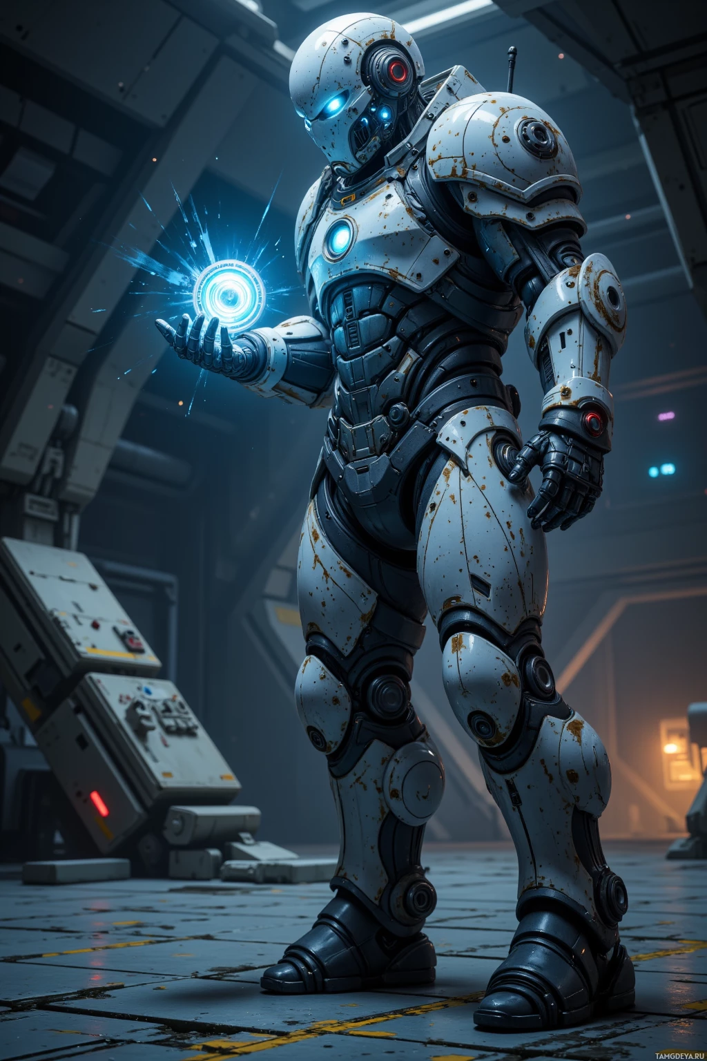 Realistic high quality photo. A towering male 6‑foot tall sleek metallic cyborg with glowing blue eyes and a smooth featureless helmet face, clad in high‑tech armor and mechanical limbs, methodically running diagnostic scans on a glowing gravitic stabilizer inside a dim orbital hangar at night, stars visible through the bulkheads and engines humming in the background.
