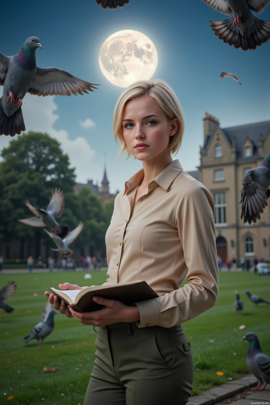 Realistic high quality photo. Woman with short golden hair, bright blue eyes, wearing a tailored beige blouse and olive‑green trousers, holding a notebook, standing on dew‑slick grass at the edge of Elm Park under a full moon, pigeons flapping feathers that flick like ticker tape, a small microchip visible in a feather, city council building in the distant background, the woman looking determined and focused.
