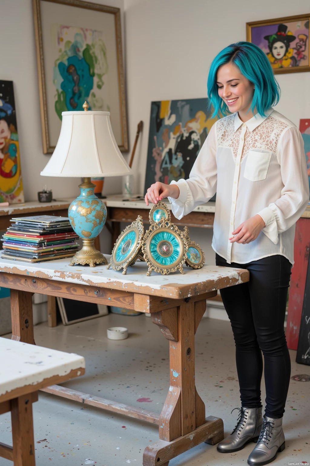 Realistic high quality photo. Woman, 26, electric blue asymmetrical bob, green eyes, wearing a white lace blouse, black pants, silver boots, laughing while rearranging an antique lamp and a stack of vintage disco mirrors on a studio bench, leaving an unfinished canvas with sequins over raw concrete, surrounded by fresh paint, old vinyl, and a collage of eras, daytime studio setting.