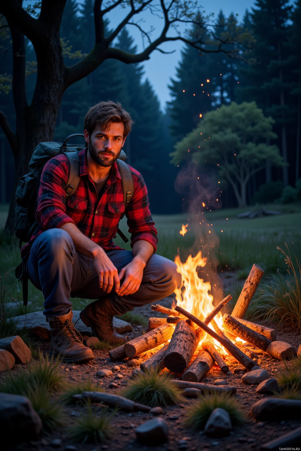 Realistic high quality photo. A rugged 35‑year‑old man with short messy brown hair, beard, bright blue eyes, wearing a red and black flannel shirt, worn jeans, and rugged hiking boots, building a bark fire in a forest hollow under a dark night sky, ember glow illuminating a lone oak tree in a meadow beside him.