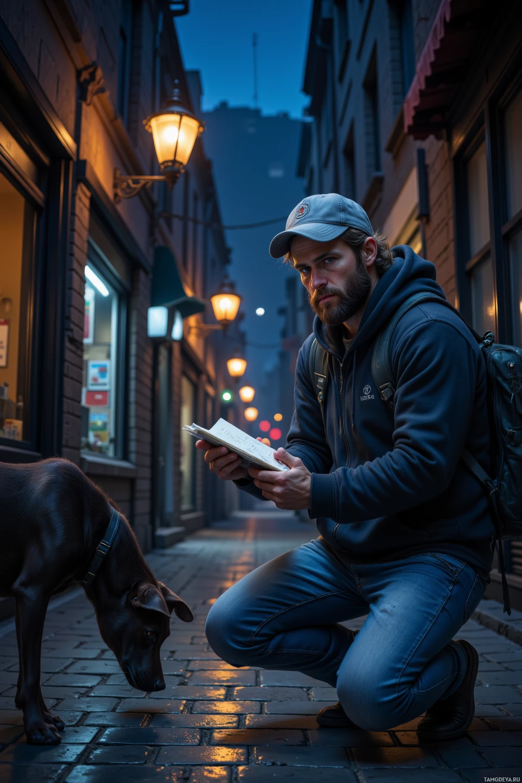 Realistic high quality photo. Late night alley with flickering street lights, a 28‑year‑old man with messy brown hair, bright blue eyes, rugged beard, wearing a black hoodie, jeans and a grey cap, sketching the city lights on a napkin while a stray dog nudges his bag, he watches passersby with a guarded, calculating gaze ready for a deal.