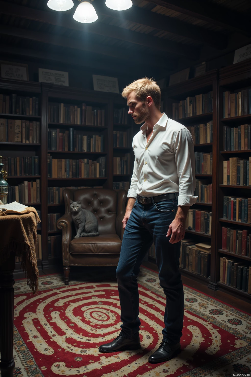 Realistic high quality photo. Man with short blonde hair, blue eyes, crisp white shirt tucked into dark jeans stands in a dimly lit living room, staring contemplatively at a carpet with an intricate knot labyrinth, surrounded by shelves of unsorted journals, a gray cat perched on a shelf, flickering overhead light casting uneven shadows, as he overthinkingly surveys his surroundings.