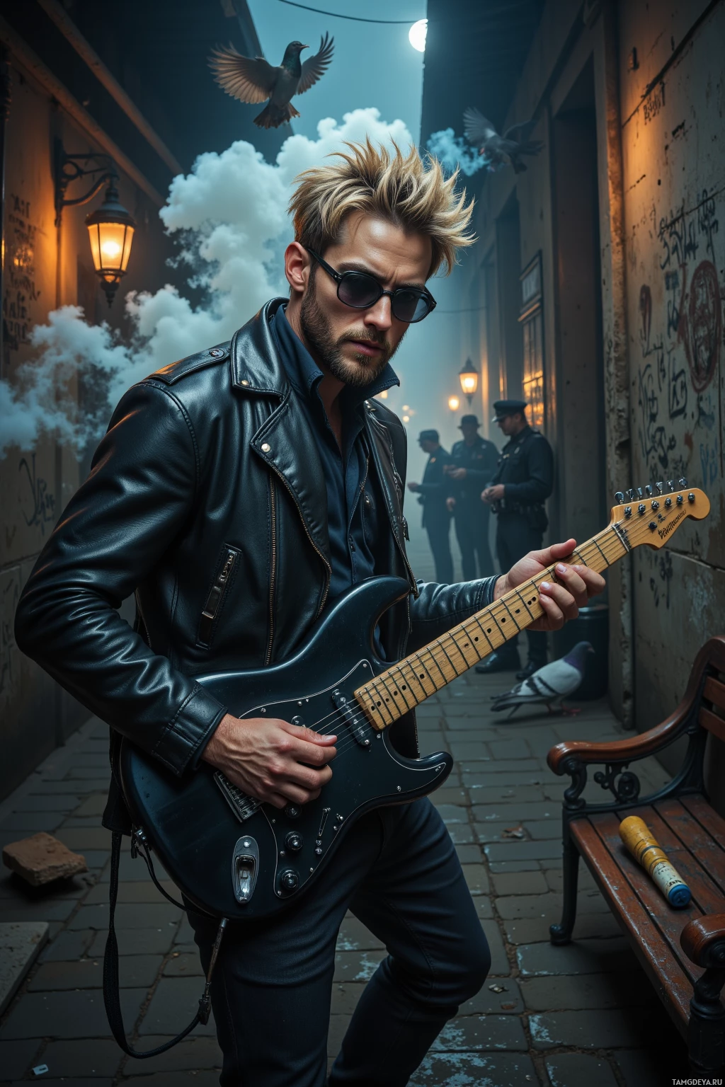Realistic high quality photo. Male, 28, blond messy hair, stylish beard, blue eyes, fair skin, sharp jawline, wearing a black leather jacket, aviator sunglasses, casual edgy clothes, standing in a dark back alley at midnight, playing an electric guitar with intense focus, smoke swirling around, pigeons headbanging, streetlights flicker, police in late‑night uniforms approaching, a discarded kazoo left on a bench, wall with expressive scribbles, atmosphere of rebellious rock energy.