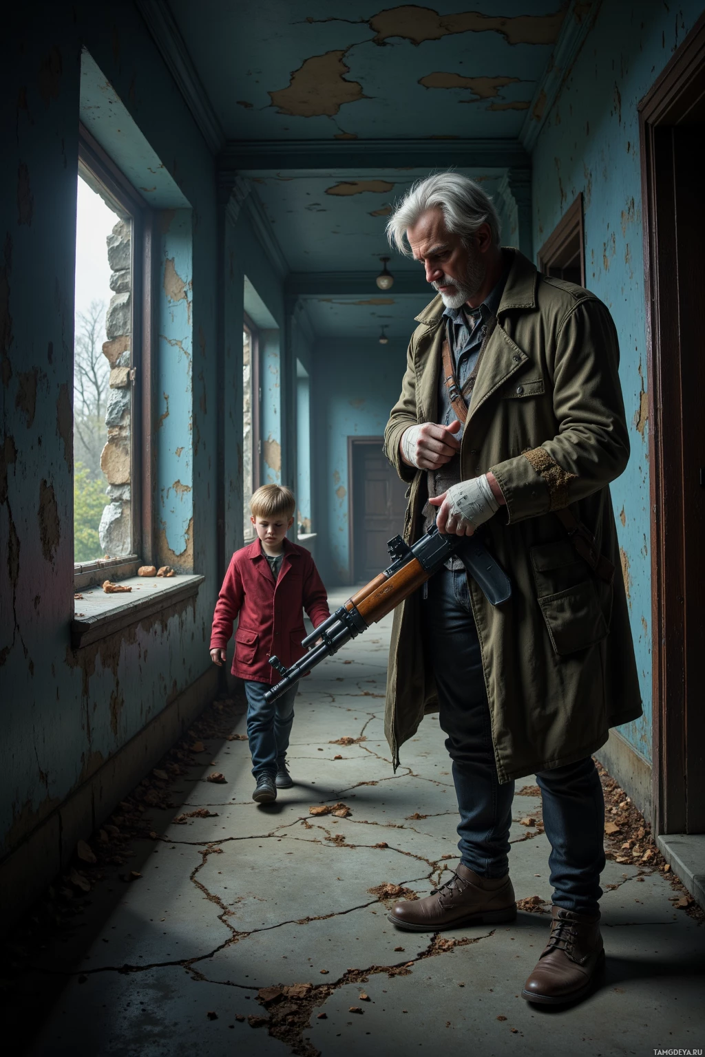 Realistic high quality photo. Post-apocalyptic night corridor with five broken windows, a 48‑year‑old white‑haired man in a dusty olive coat with reinforced shoulders, grey shirt, utility pants and a bandaged arm, wrapping a rifle in burlap beside a rusted stove, watching a child reach for it as he strides away, half‑moon casting long shadows across the cracked floor.