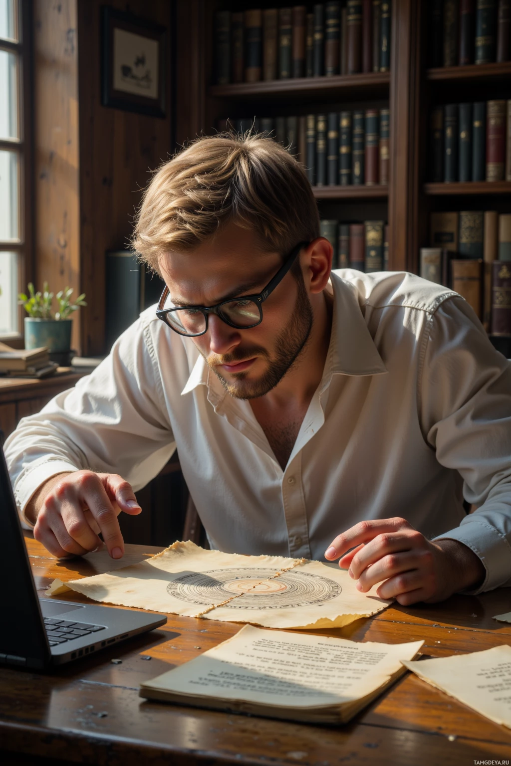 Realistic high quality photo. Mid‑30s man with short neat blonde hair, pale skin, blue eyes, wearing a crisp white shirt and round black glasses, hunched over a cluttered desk in a quiet study, carefully inspecting a faint siglum on a vellum tablet while a laptop and stacks of ancient codices fill the space, illuminated by late afternoon light.