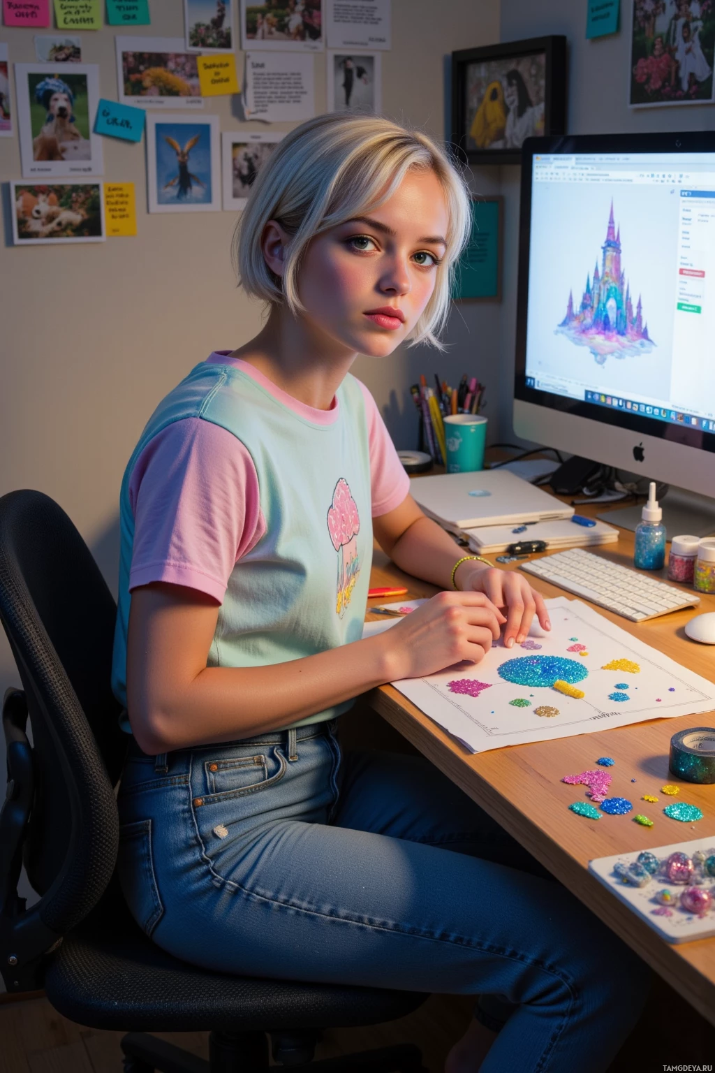 Realistic high quality photo. A young woman with a short white bob, green eyes, pastel graphic tee, high‑waisted jeans, and rainbow sneakers sits at a cluttered craft desk at night, surrounded by scattered glitter, sticky notes, duct tape, a sheet of parchment folded into glittering glass bead shapes, a mushroom castle blueprint, and a computer screen showing a spreadsheet marked with a glitter blob, all illuminated by a soft desk lamp.