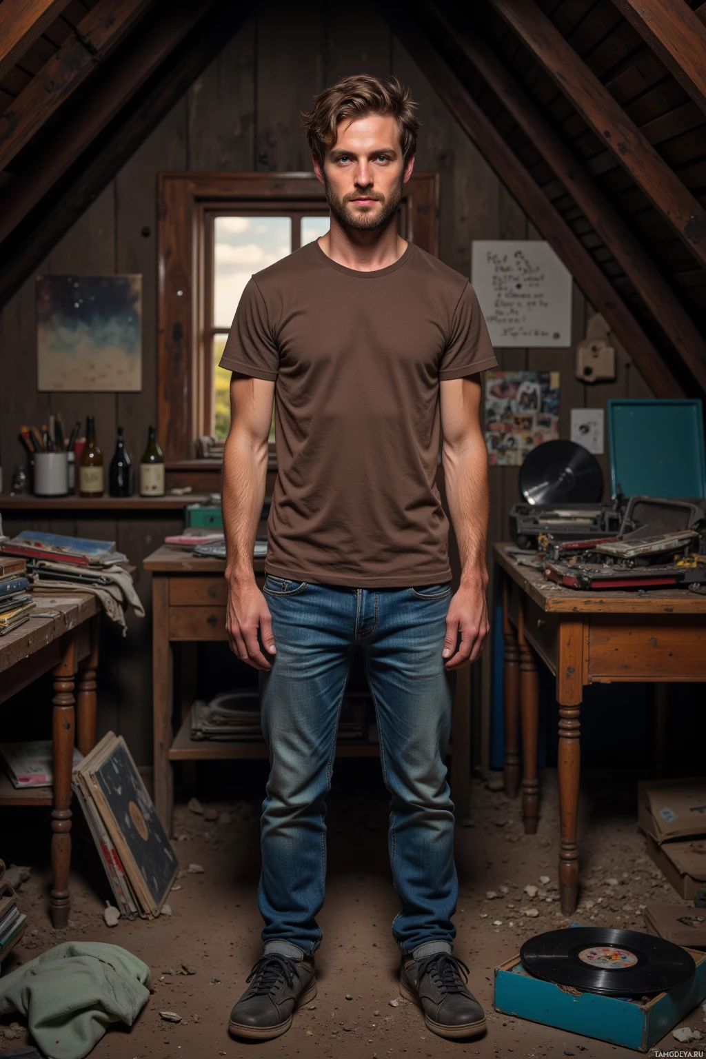 Realistic high quality photo. Man, 26, messy brown hair, scruffy beard, bright blue eyes, wearing a brown t‑shirt, blue jeans, sneakers, standing in a dimly lit attic filled with dusty vinyl records and dust bunnies, with a small window showing a quiet, cloudy outside scene in late afternoon light.