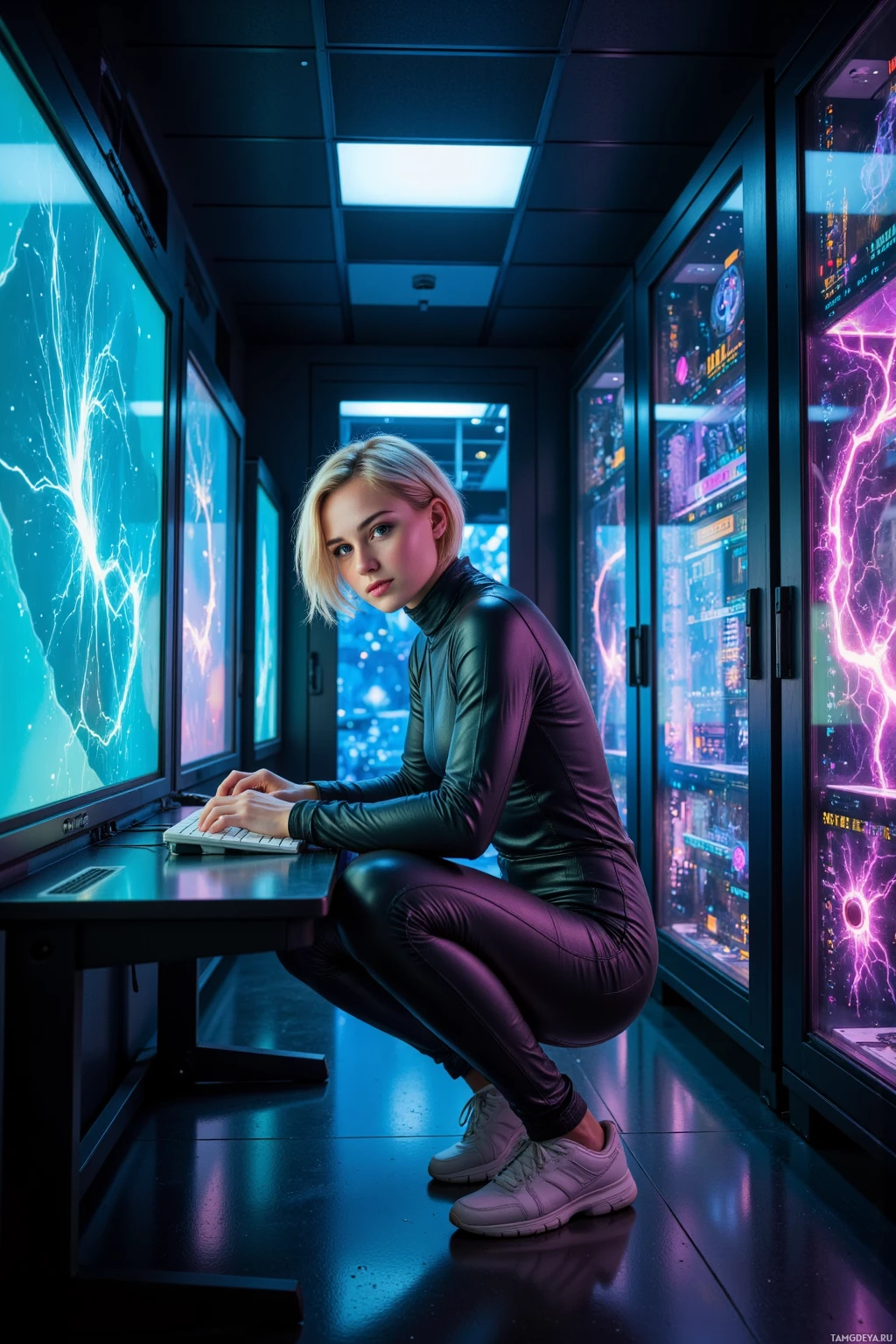 Realistic high quality photo. Female 21‑year‑old blonde short‑haired woman with blue‑green eyes, wearing an asymmetrical techno jumpsuit with glowing seams and pale sneakers, hunched over a holographic terminal in a dimly lit server room, coding a recursive pixelated cat loop spiraling into a glitchy mosaic of fractured pixelated universes under night mode.