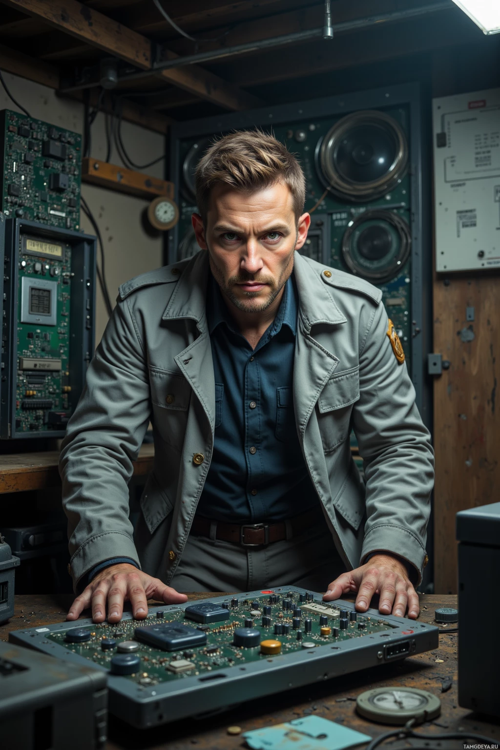 Realistic high quality photo. A 39‑year‑old man with light brown hair in a short undercut, green eyes, wearing a reinforced gray trenchcoat with utility seams, hunched over a dusty garage packed with humming 1999 Pentium F3 processors, cracked capacitors, and a glitching AI console in dim evening light.