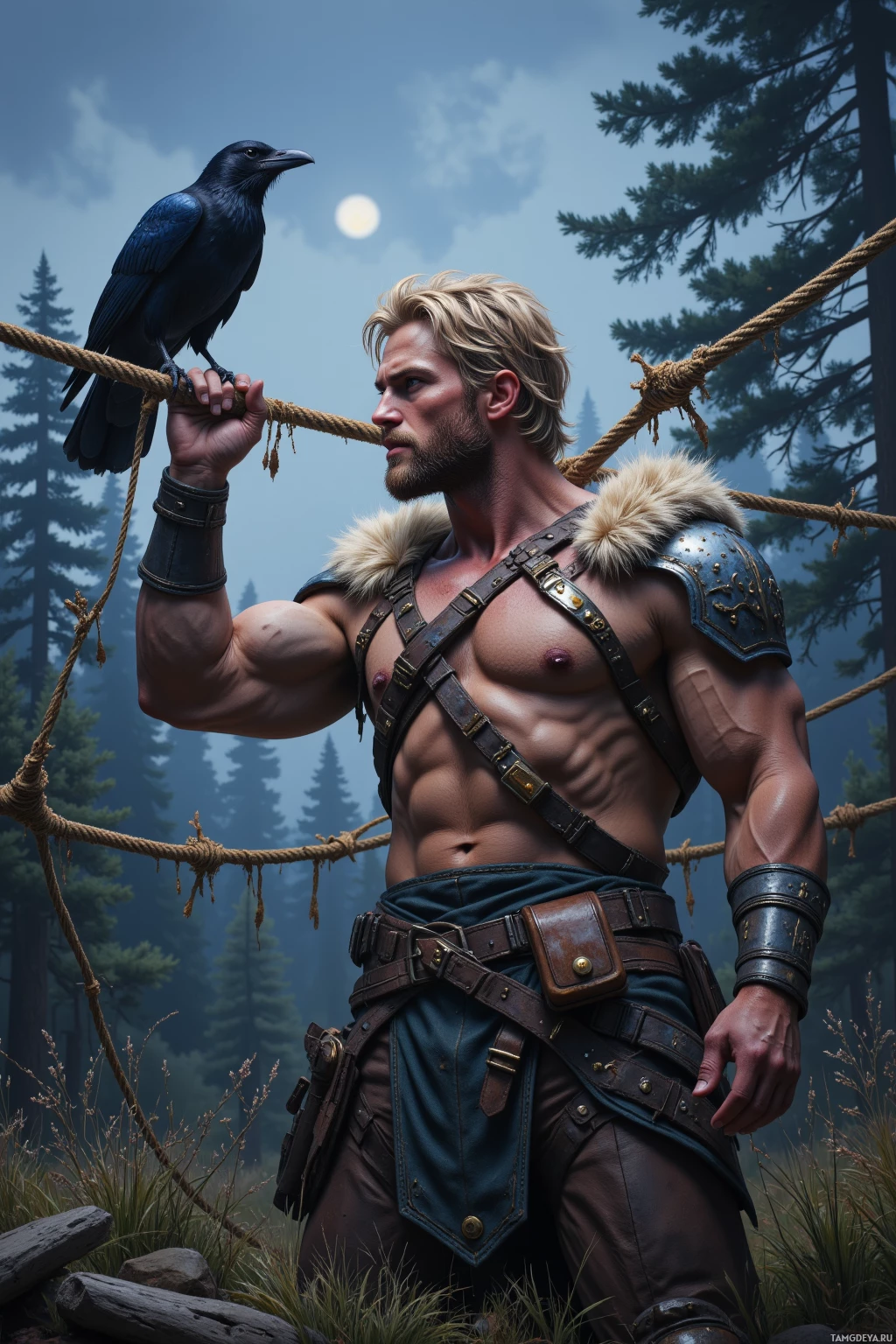 Realistic high quality photo. A muscular 31‑year‑old man with dark blonde hair, blue eyes, pale skin, wearing fur‑lined leather armor with metal accents and bone details, sets an overengineered tripwire of rope, goat‑hide and cactus peels in a post‑apocalyptic woodland clearing under twilight, a silent black crow watching from a broken branch.