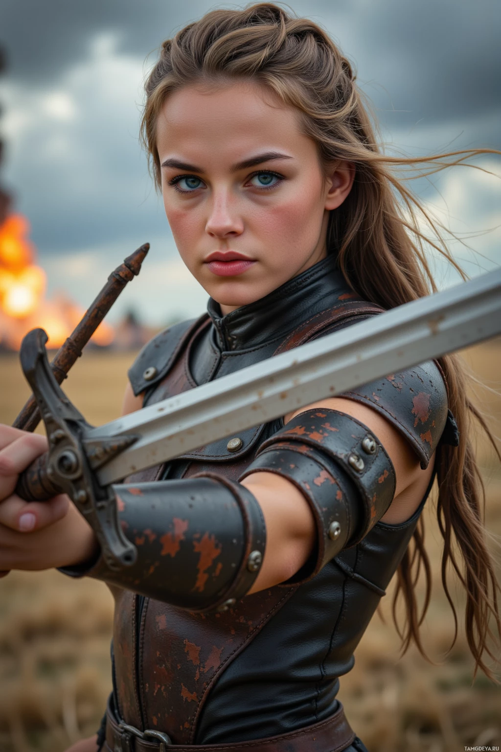 Realistic high quality photo. A fierce woman, 28, with light brown braided hair and striking blue eyes, wearing worn tribal leather armor, swings a gleaming sword across a wind‑howling battlefield with distant explosions and a stormy sky, her determined stance radiating disciplined power.