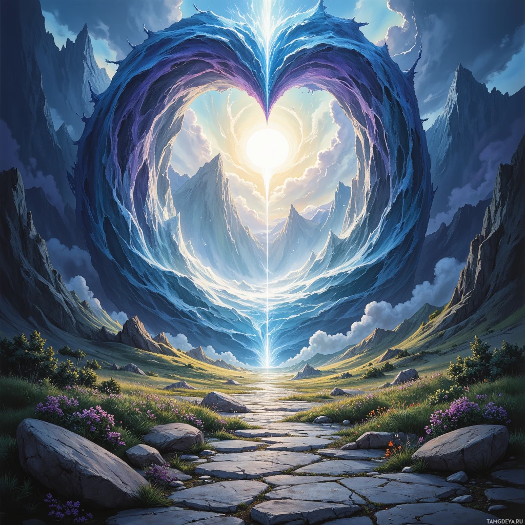 Semi-abstract image with many empty light space at center of beautiful background, that is suitable for the post:  The mountain's stone heart beats in quiet rhythms, echoing the pulse of our collective awakening.