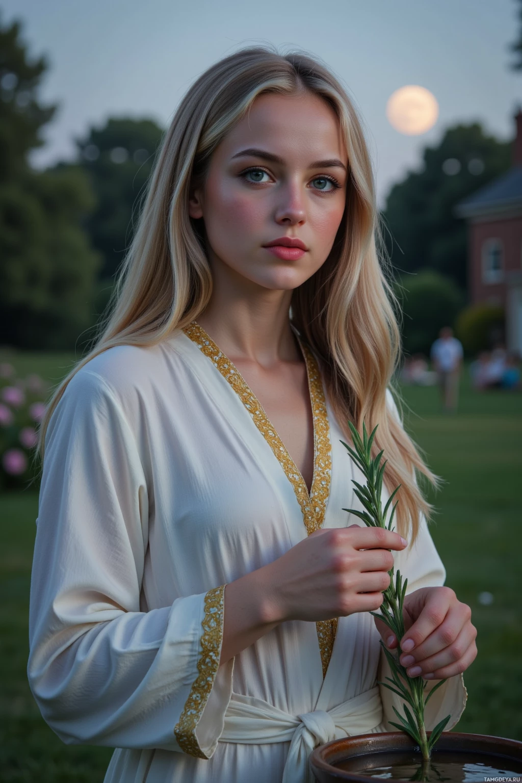 Realistic high quality photo. A 25‑year‑old woman with long blonde hair and blue eyes in white robes with gold embroidery gently arranges moonlit rosemary beside a bowl of rainwater in a twilight garden, with faint laughter of a distant crowd echoing under a pale moon, her steady hands reflecting precise, ritualistic healing.