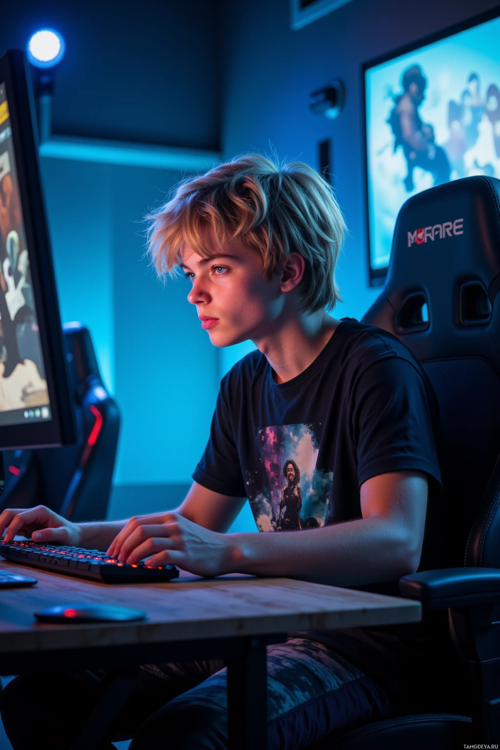 Realistic high quality photo. young man with messy blonde hair, bright blue eyes, pale skin, wearing a graphic t‑shirt and sweatpants, intensely focused on a glowing computer screen in a quiet gaming studio, keyboard clicks echoing, chat messages scrolling on a secondary monitor, late evening ambient lighting, reflecting a focused esports streamer.