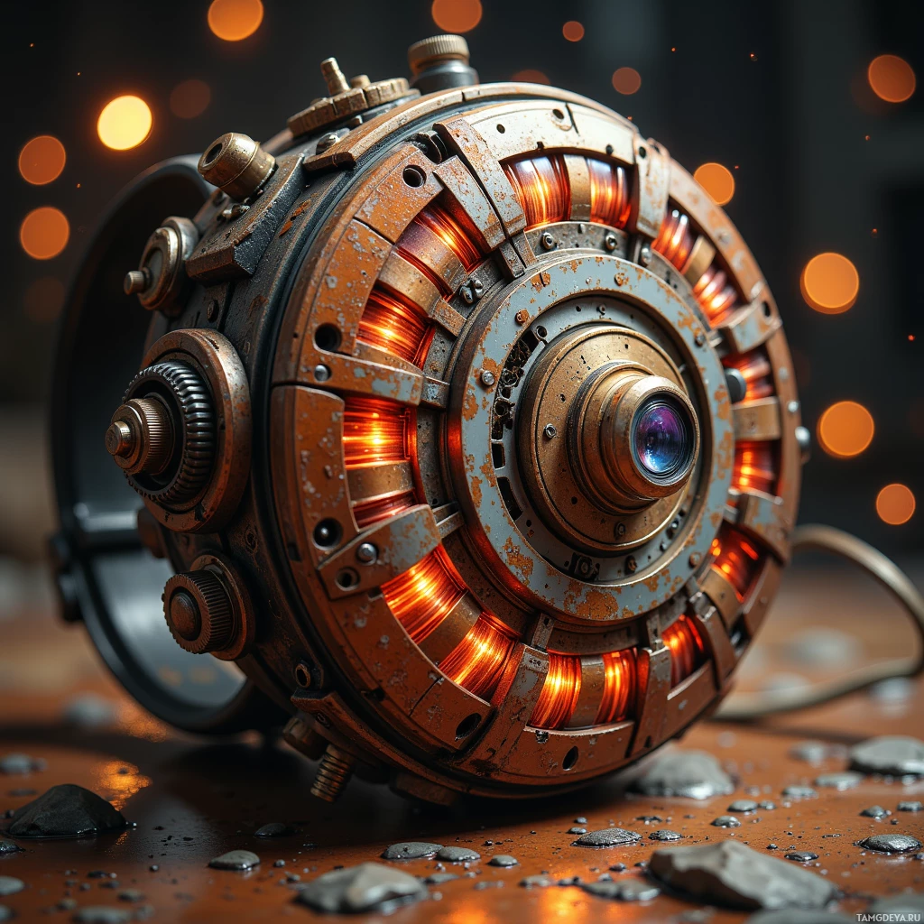 Semi-abstract image with many light, that is suitable for the post:  Compact wrist‑mounted synthesizer with a rusted steel frame, glimmering copper coil patterns, exposed circuitry and a water condensation reservoir, in warm rust and copper hues.