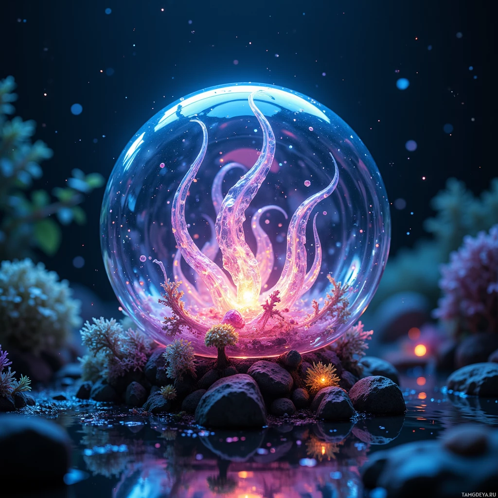 Semi-abstract image with many light, that is suitable for the post:  tiny translucent biosphere with a glass‑like shell embedded with flexible graphene sensors, faint lanternfish‑style bioluminescent glow, soft pulsating translucent tentacles that ripple to create gentle currents, iridescent color shifts and subtle reflections.