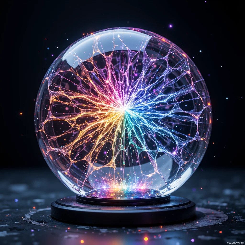 Semi-abstract image with many light, that is suitable for the post:  A translucent crystal sphere with a matte‑black titanium shell and embedded graphene sensor, its faceted interior lattice visibly morphing as light refracts through microtonal resonant cavities, creating a vivid, color‑shifting spectral map.