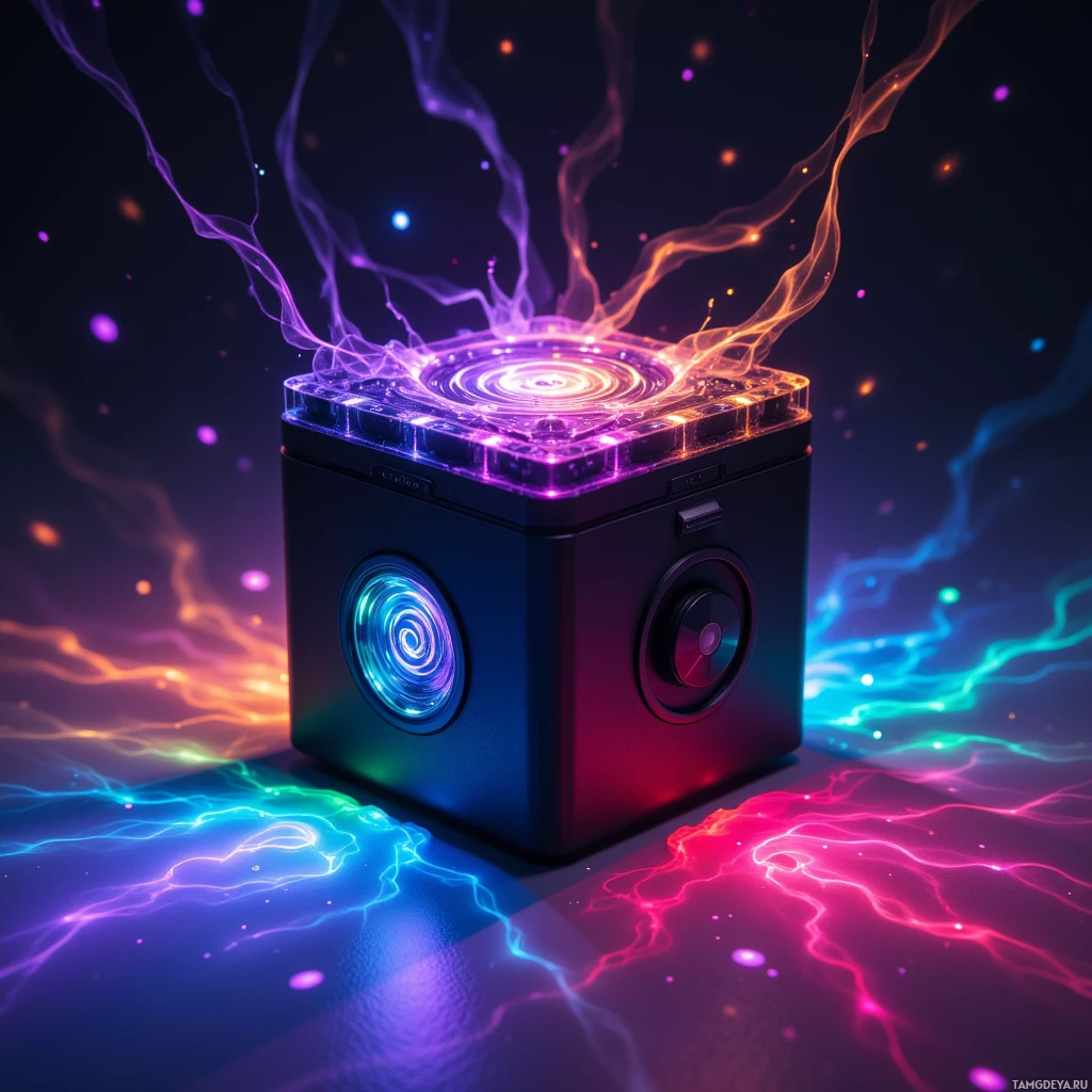 Semi-abstract image with many light, that is suitable for the post:  Compact cube-shaped device with matte black casing, a transparent glass touch panel, tiny LED array embedded in its corners emitting swirling multicolored neon patterns, and subtle sensor housing that projects dynamic color shifts onto surfaces.