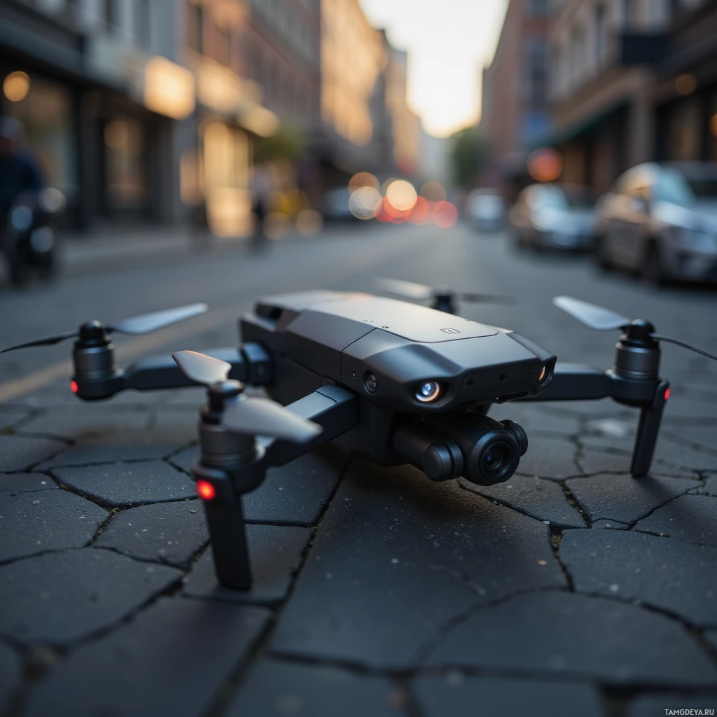 Semi-abstract image with many light, that is suitable for the post:  Matte‑black titanium drone, 4 inches tall, sleek with a small 4K camera lens, subtle sensor housings, a folding mechanism that collapses into a compact pocket‑sized case, glossy matte finish, minimalist industrial design.