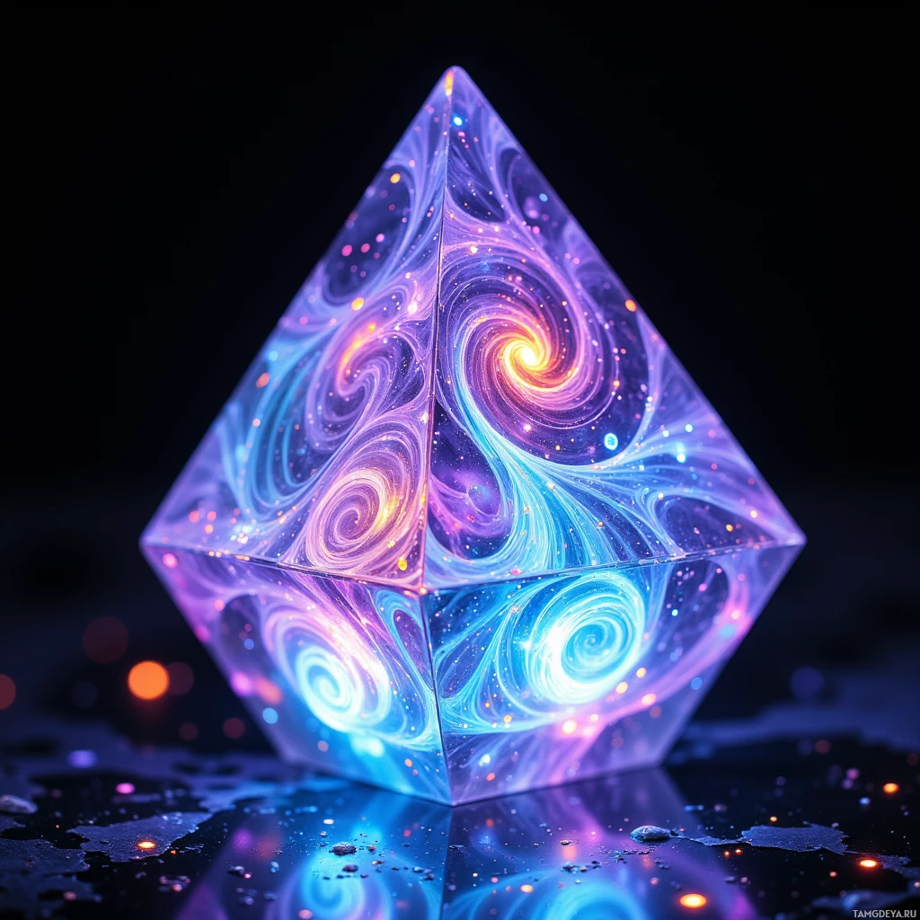 Semi-abstract image with many light, that is suitable for the post:  Thumb-sized translucent prism with a crystalline body, its surface etched with vibrant fractal swirl patterns glowing in shifting hues, embedded with a nanoscopic lattice of phosphorescent fibers that light up softly upon touch, creating rhythmic, looping light cascades across its facets.