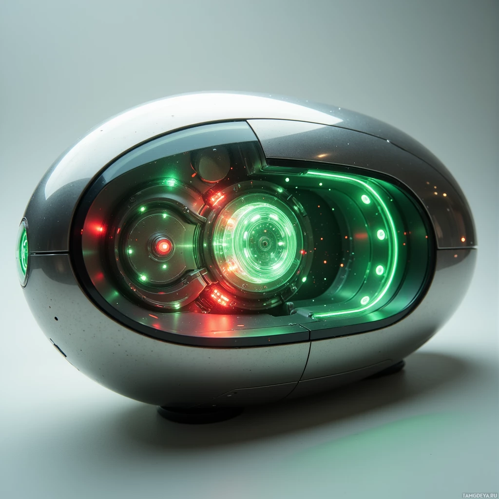 Semi-abstract image with many light, that is suitable for the post:  Titanium capsule with a sleek curved glass front panel that glows with dynamic green and red LED lights, polished metal edges, a translucent glass pane revealing a faint, luminous core inside, minimalist futuristic design.