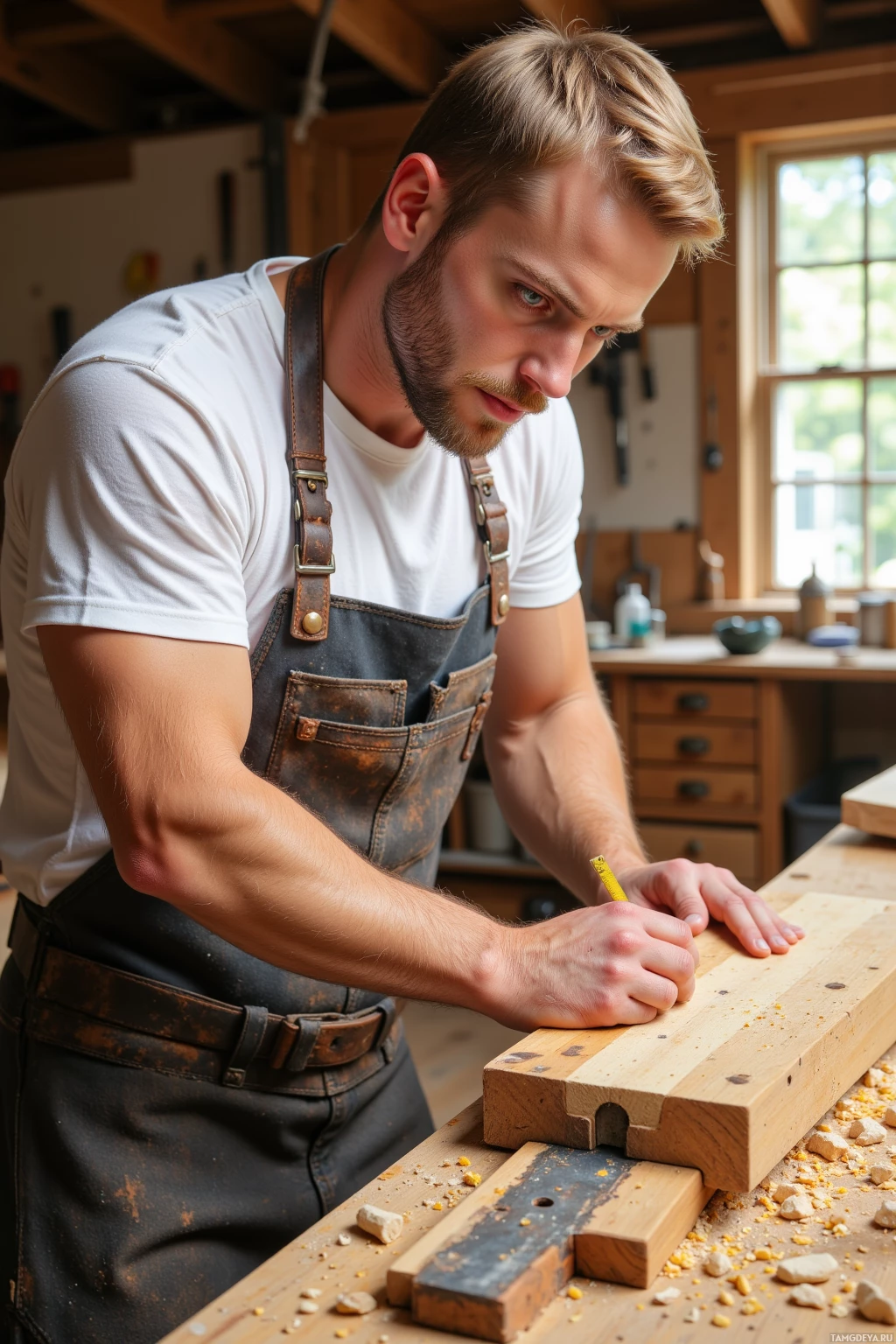 Realistic high quality photo. A 35‑year‑old male woodworker with short blonde hair, blue eyes, sun‑kissed complexion, stubble, wearing a well‑worn leather apron over a plain white T‑shirt and jeans, carefully carving a dovetail joint on a cedar board in a light‑filled workshop, holding a measuring tape, surrounded by wood shavings and tools, afternoon light filtering through a window.