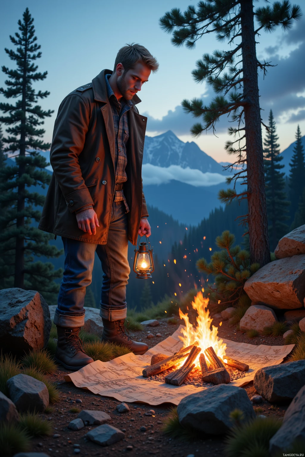 Realistic high quality photo. A rugged 38‑year‑old man with short blonde hair and piercing blue eyes, wearing a faded brown leather coat over a flannel shirt, durable jeans, and well‑worn hiking boots, standing on a ridge crest at twilight, lighting a bark and moss fire pit while a lone lantern hangs from a pine branch, illuminating a worn hand‑drawn map spread on the ground amid pine trees.