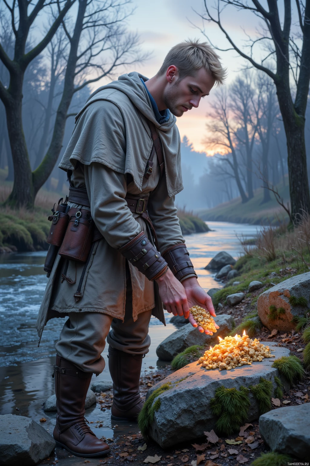 Realistic high quality photo. A tall 34‑year‑old man with short blonde hair, blue eyes, light skin, wearing a weathered light‑gray cloak, muted tunic and worn leather boots, standing beside a moss‑covered stone on the edge of a quiet creek at dusk, placing a handful of dry rations on a patch of sun‑blasted earth under a twilight sky.