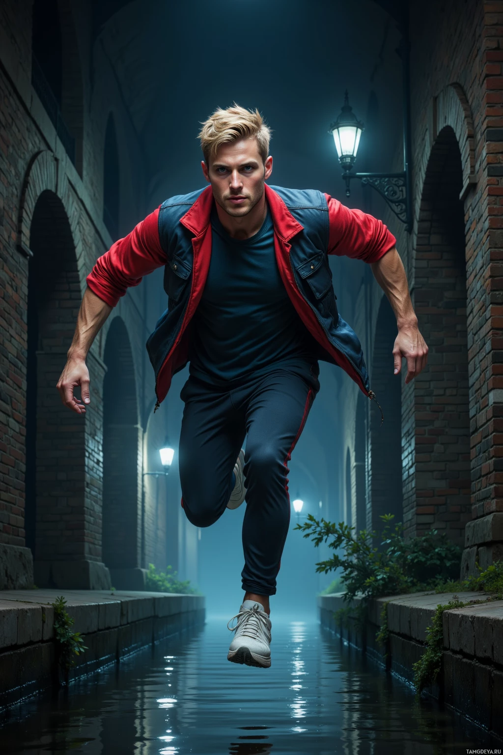 Realistic high quality photo. A lean 28‑year‑old man with short blonde hair, bright blue eyes and pale skin, wearing a casual sporty jacket and sneakers, sprinting through a brightly illuminated alley at night and mid‑jump off an old viaduct into a calm river below, dynamic motion, dramatic shadows.