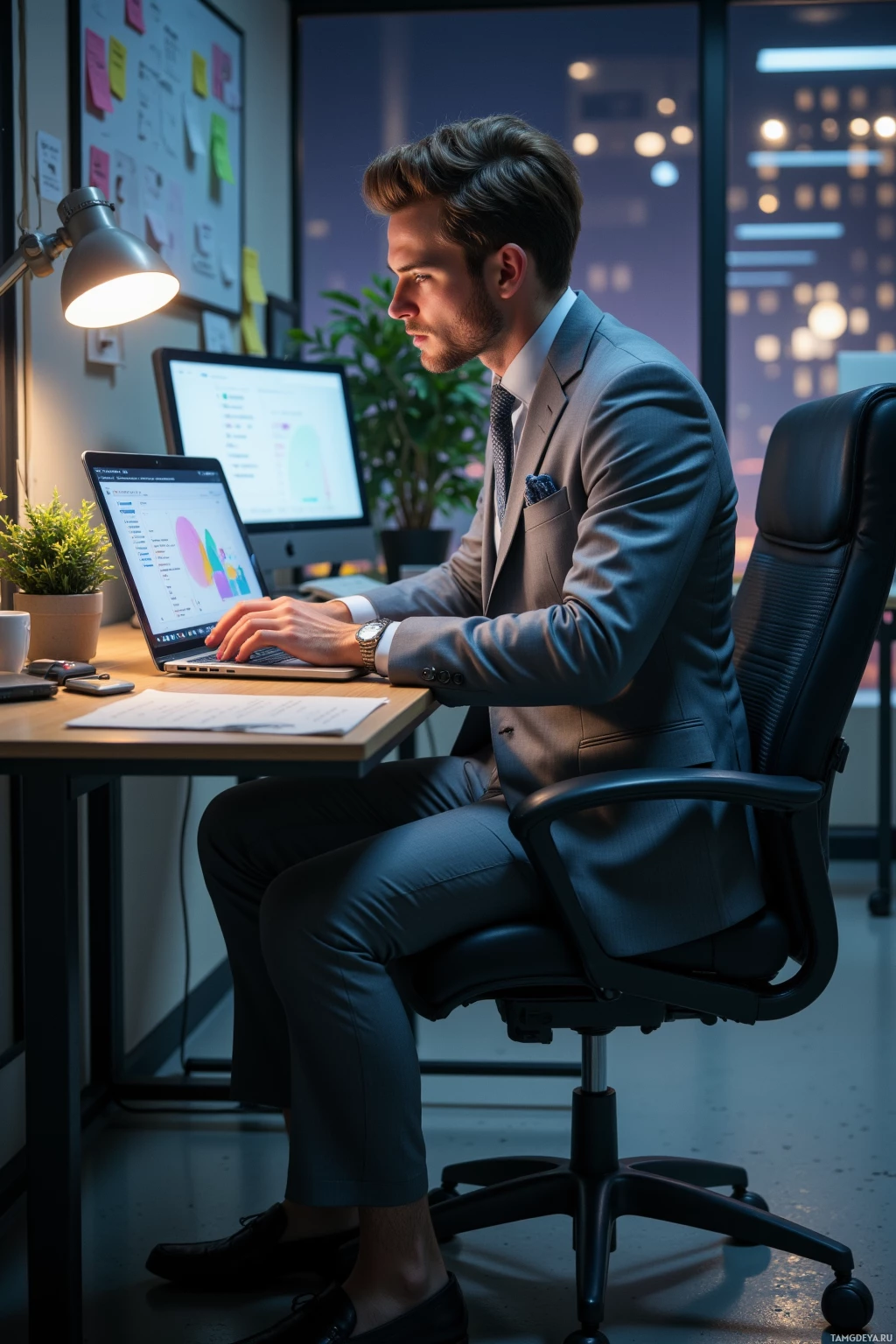Realistic high quality photo. 31-year-old man with short, well-groomed brown hair, bright blue eyes, fair skin, sharp jawline, wearing a tailored light-gray suit, slim tie, and loafers, working late at a sleek modern office desk with a laptop displaying pastel UI design and metrics, surrounded by sticky notes and a whiteboard with sprint checkpoints, his expression focused and determined.