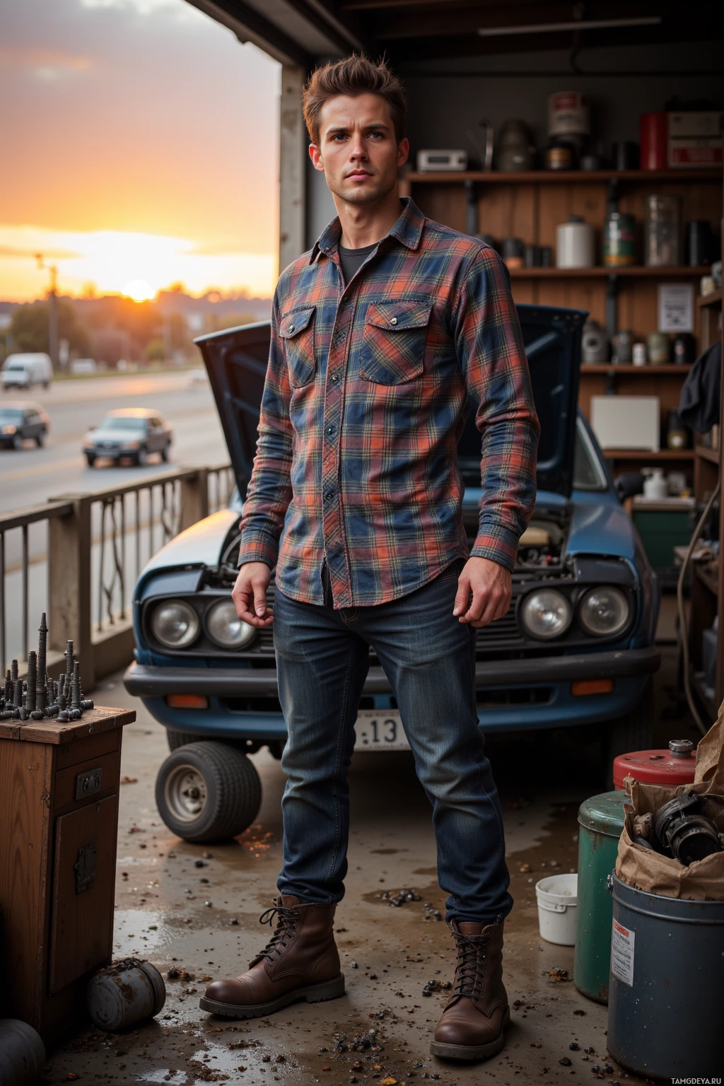 Realistic high quality photo. A practical 33‑year‑old mechanic with light brown hair and clear blue eyes, wearing a checked flannel shirt, dark jeans, and sturdy work boots, standing in a cluttered garage with an open car engine, grease on his hands, surrounded by loose screws and a neighbor yelling outside, calmly watching a sunset over a highway, determined and focused.