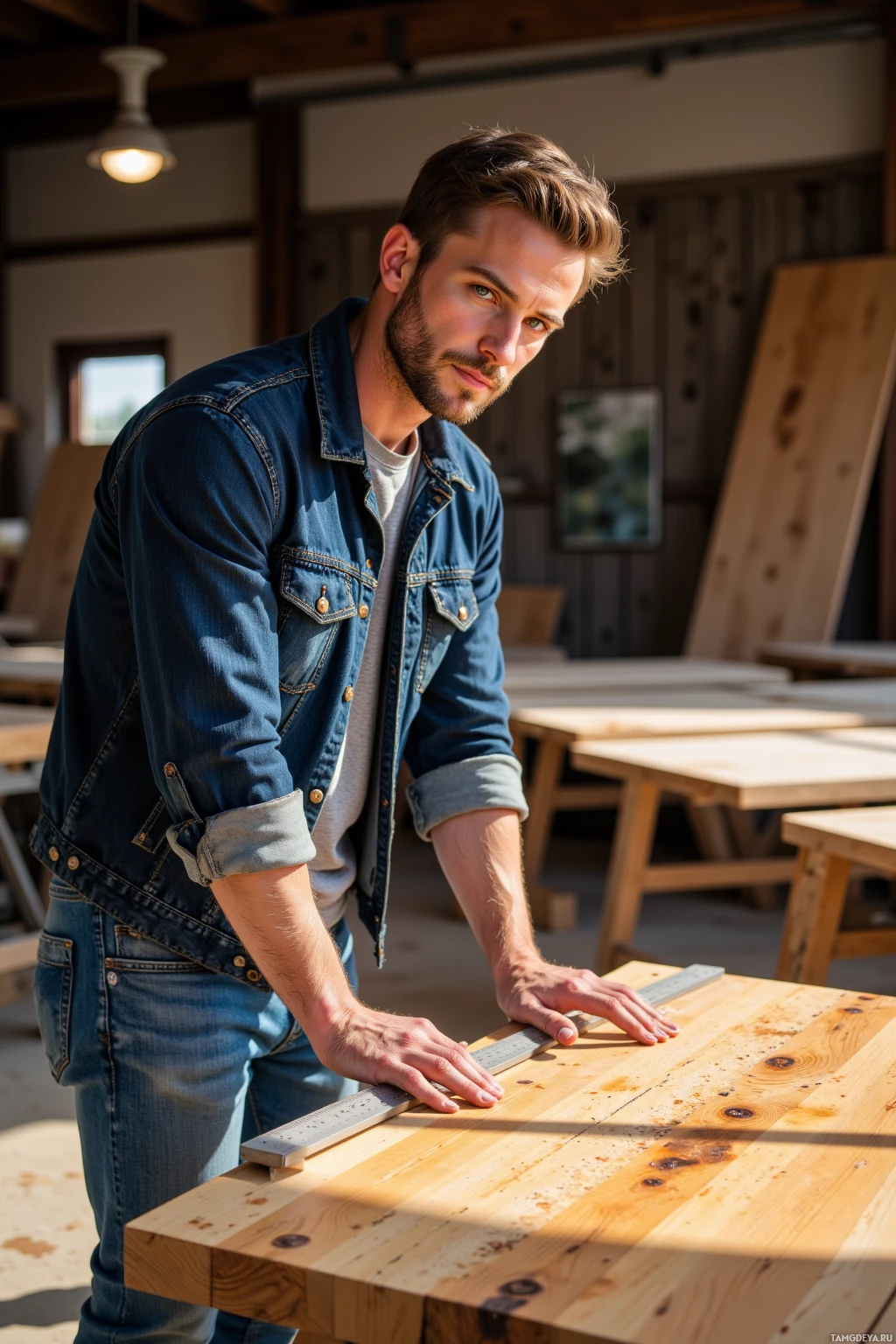 Realistic high quality photo. Man, 39, light brown short hair, blue eyes, wearing a frayed denim jacket and blue jeans, standing in a sunlit workshop surrounded by reclaimed oak tables, measuring uneven grain with a ruler while his fingers trace the scratches and imperfections of a worn table, afternoon light casting warm shadows.