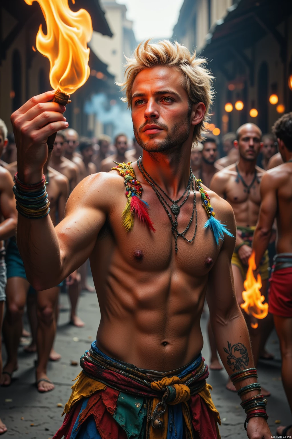 Realistic high quality photo. 30‑year‑old man with short blonde hair, bright blue eyes, sun‑kissed skin, wearing colorful festival‑inspired clothing with sequins, feathers, and a silver necklace, dancing with a torch in a dusky alley, flames curling around his palms, a pulsing crowd behind him, intense expression and body in motion.
