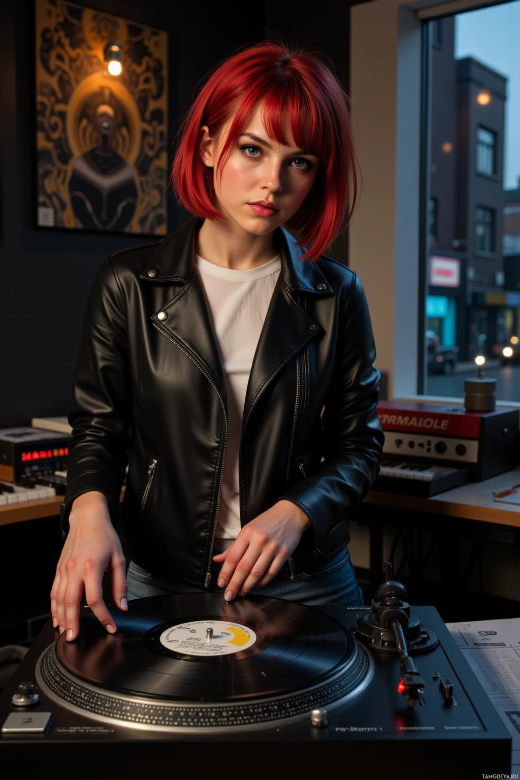 Realistic high quality photo. Red‑haired woman with a messy bob, bright green eyes, porcelain skin, wearing a black leather jacket over jeans and a white tee, dropping a needle onto a scratched vinyl on a turntable in a dim modern studio, her body swaying with fierce energy while city street sounds seep through the window at dawn, reflecting her rebellious, angry yet passionate vibe.