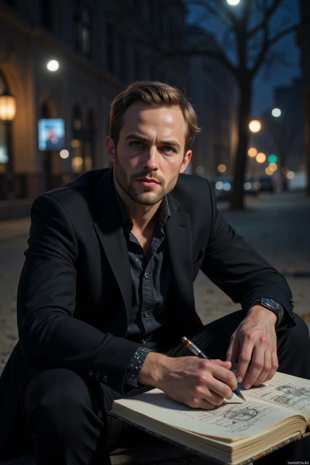Realistic high quality photo. 34‑year‑old man with short light brown hair, piercing blue eyes, pale skin, wearing a tailored black suit, sits on a deserted urban sidewalk at night under dim streetlights, sketching plans in a weather‑worn notebook, his posture authoritative yet restless amid quiet city buildings.