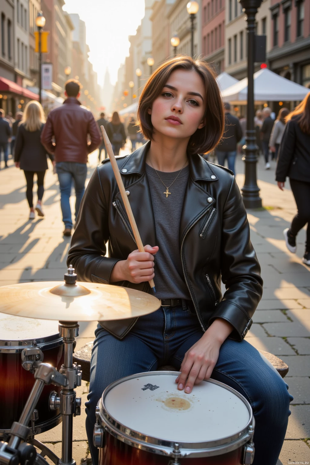 Realistic high quality photo. 23-year-old woman with short black hair in a black leather jacket, jeans and sneakers, playing drums at a bustling block party on a bright street, then chasing a sunrise over a river, sketching wet sidewalk reflections, and delivering a spoken word set on a park bench, modern realism.